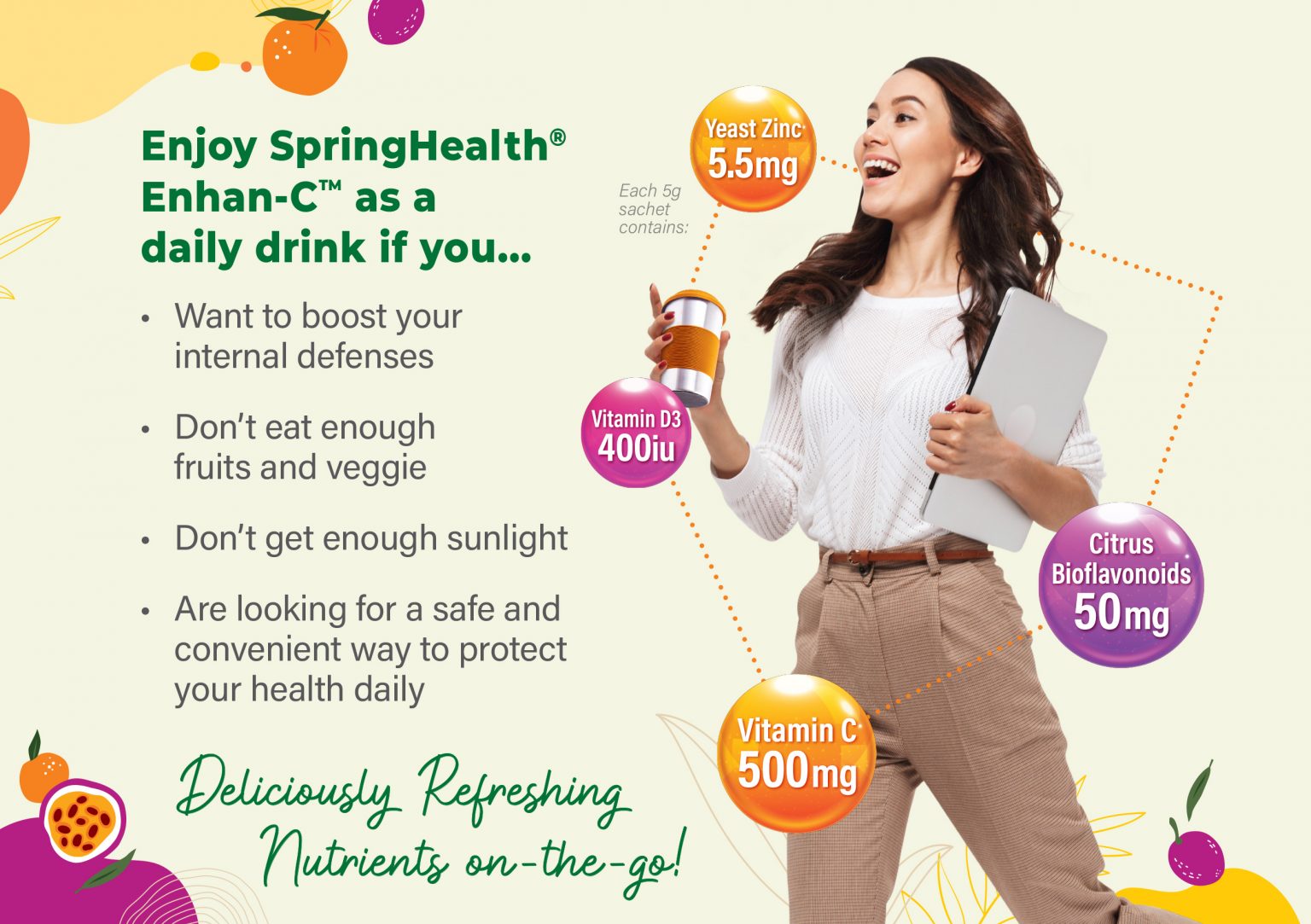 SpringHealth ENHAN-C™ Mixed Passion Fruit and Orange Juice Drink with Vitamin C, D and Zinc - 20's - Wellcome Pharmacy