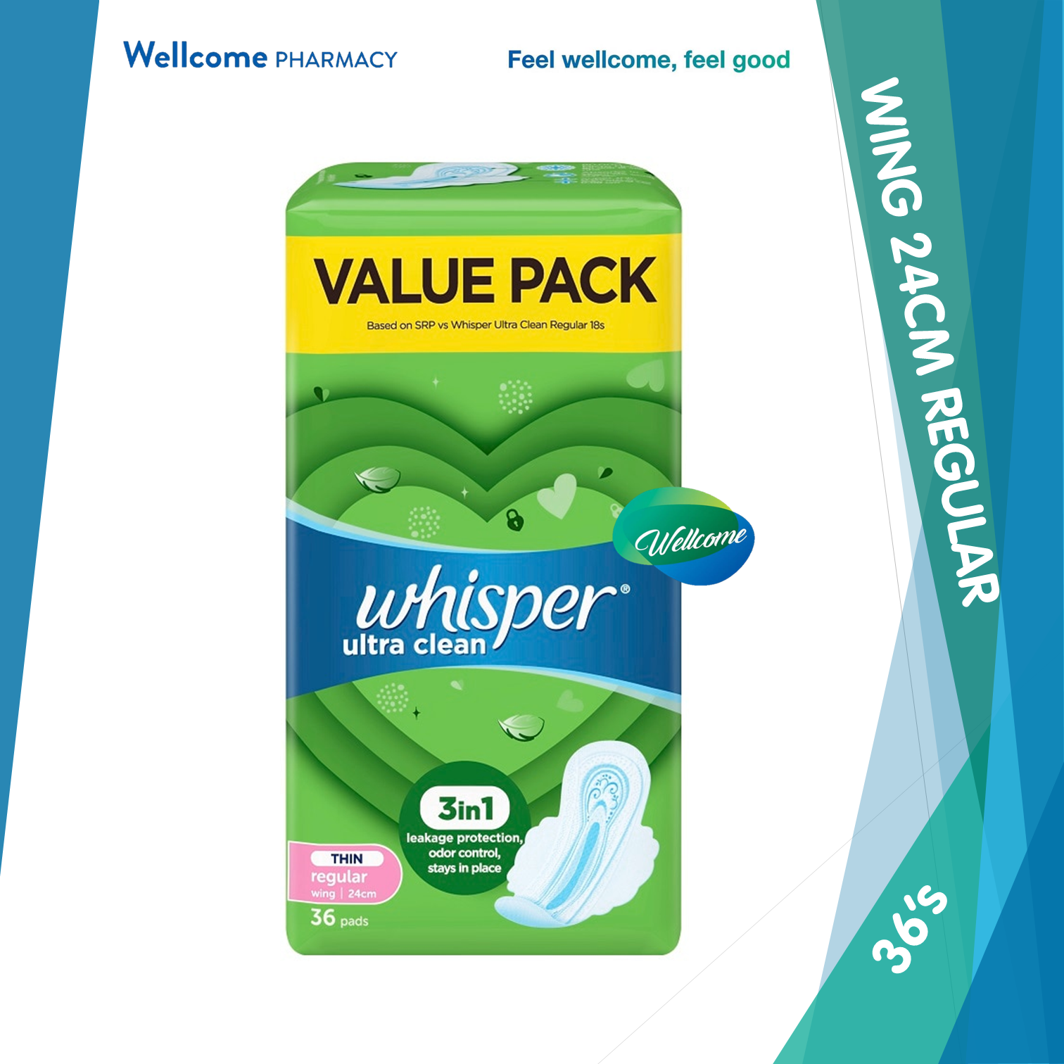 Whisper Ultra Clean Normal Flow Day 24cm Wing Sanitary Pads - 36's - Wellcome Pharmacy