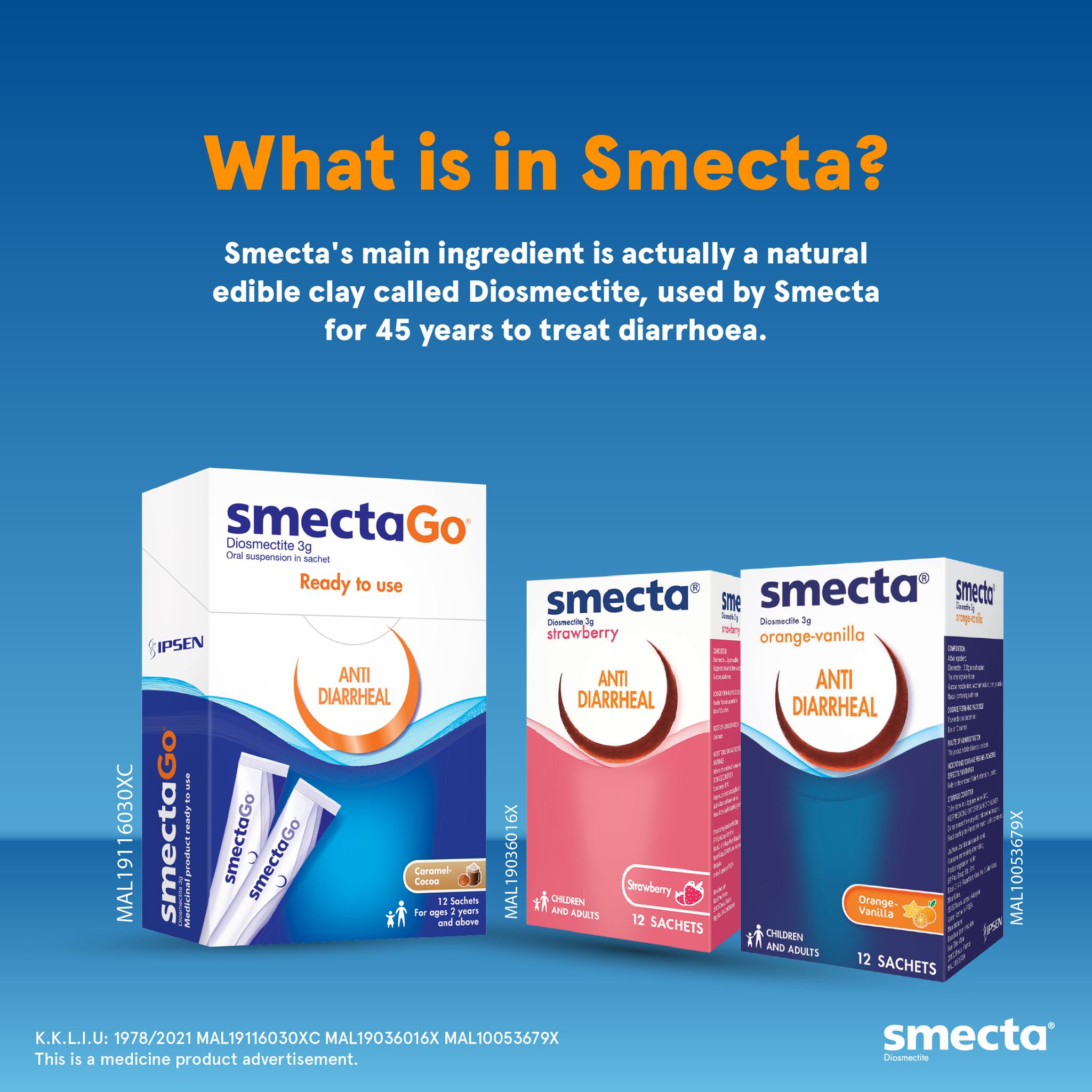 SmectaGo Ready To Use Anti-Diarrheal Oral Suspension 3g Sachets - Caramel Cocoa Flavour - 12's - Wellcome Pharmacy