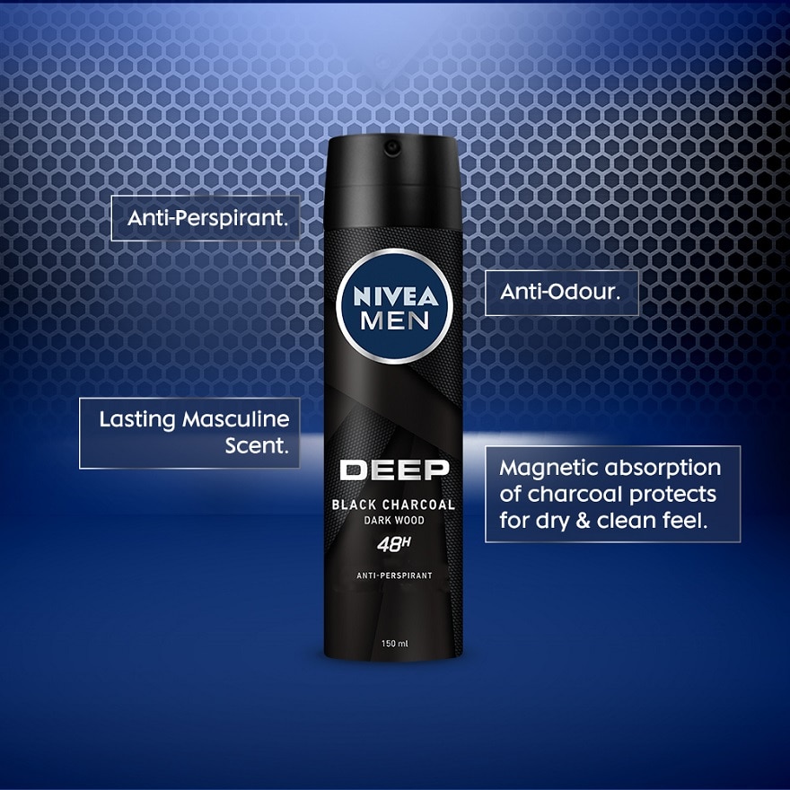 Nivea Men Deep Black Charcoal Dark Wood Deodorant Spray - Wellcome Pharmacy