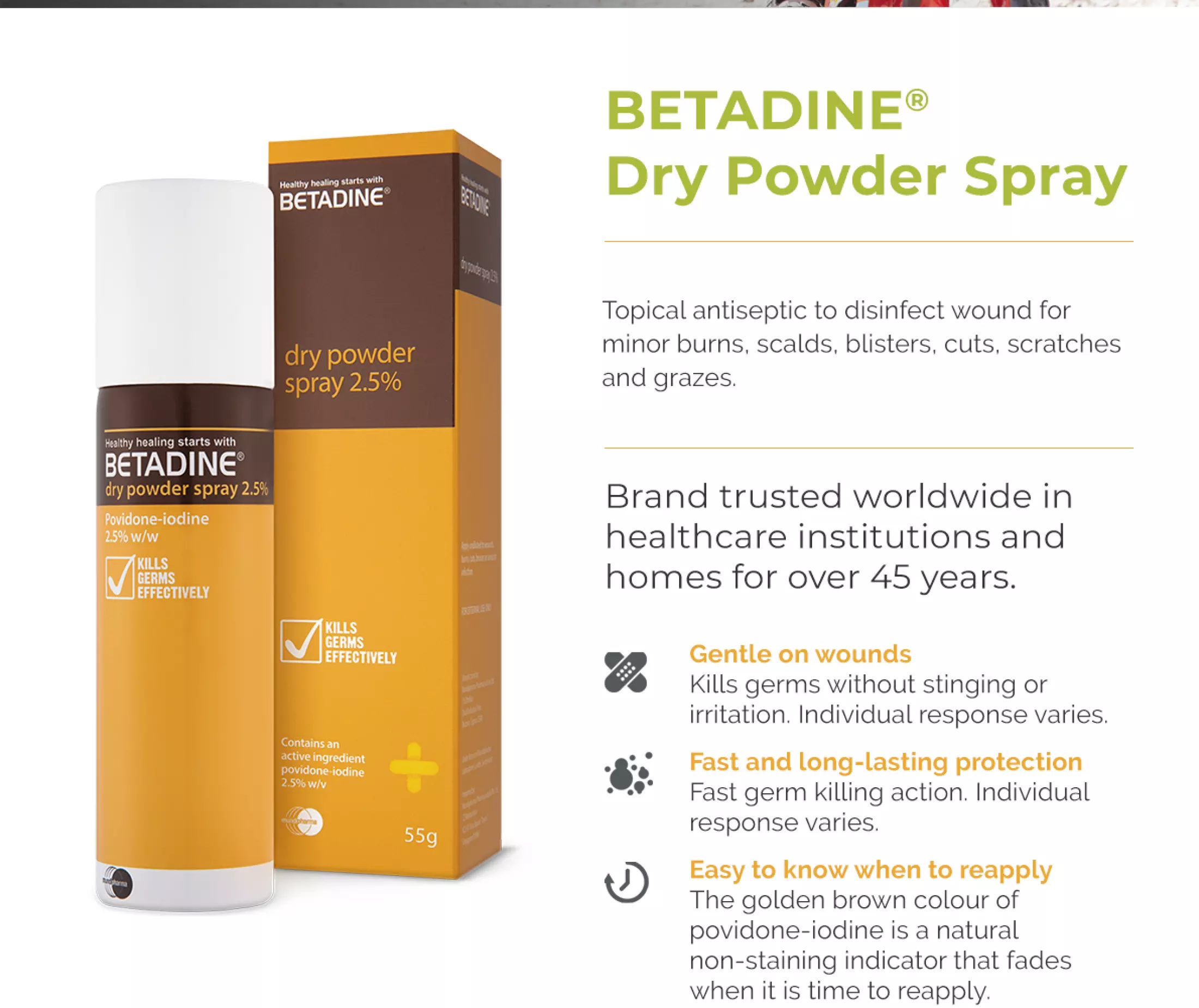 Betadine Dry Powder Spray with 2.5% Povidone-Iodine - 55g – Wellcome  Pharmacy
