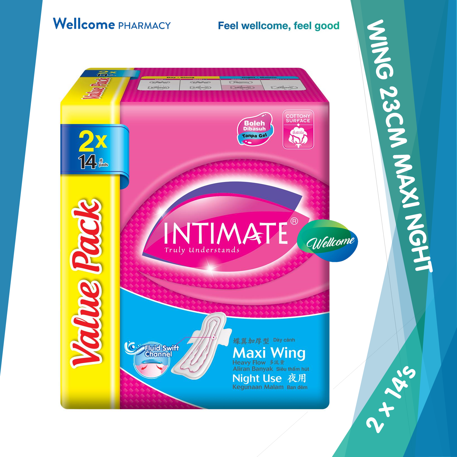 Intimate Maxi Heavy Flow Night Use Wing (SF) 28cm Sanitary Pad - 2 x 14's –  Wellcome Pharmacy