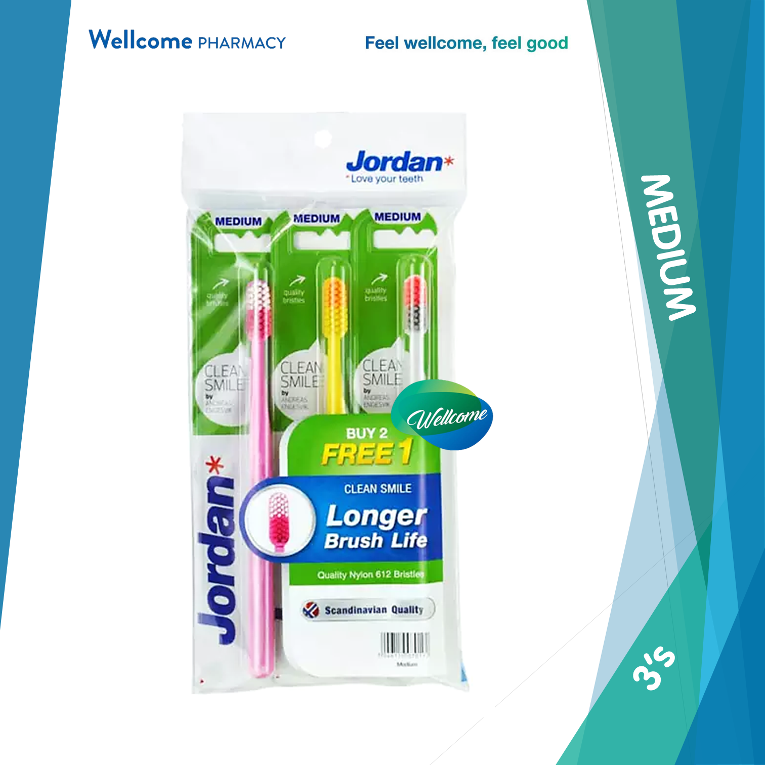 Jordan Adult Clean Smile Medium Toothbrush - 3's (Buy 2 FREE 1) – Wellcome  Pharmacy