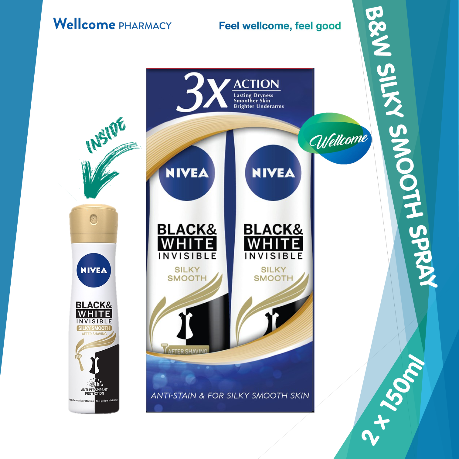 Nivea Female Black & White Invisible Silky Smooth Deodorant Spray - 2 x  150ml