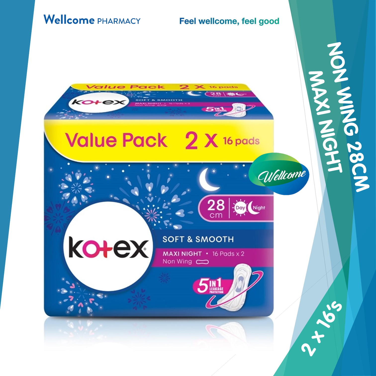 Kotex Soft & Smooth Non Wing Overnight 28cm - 2 x 16s (New).png