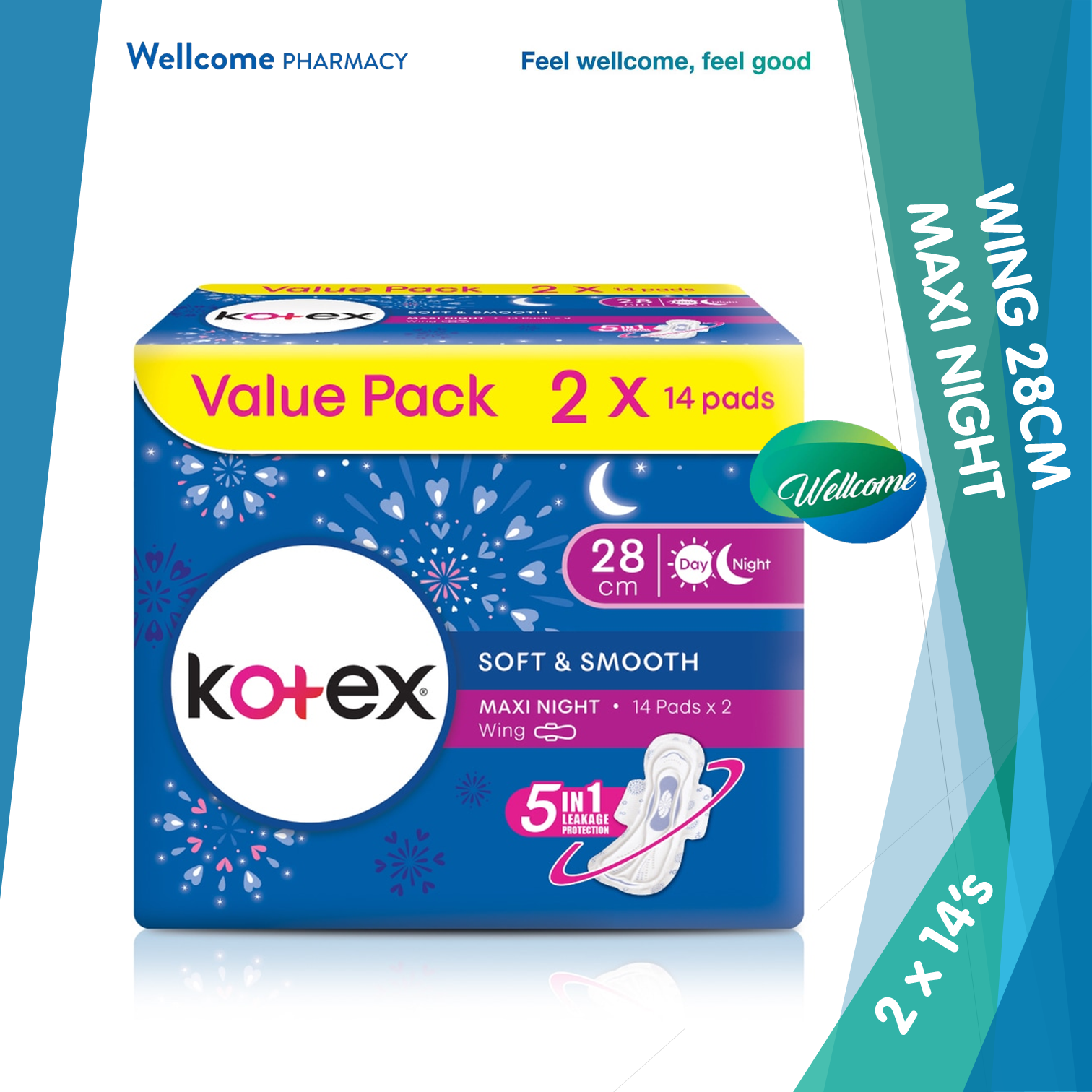 Kotex Soft & Smooth Maxi Overnight Wing 28cm - 2 x 14s.png