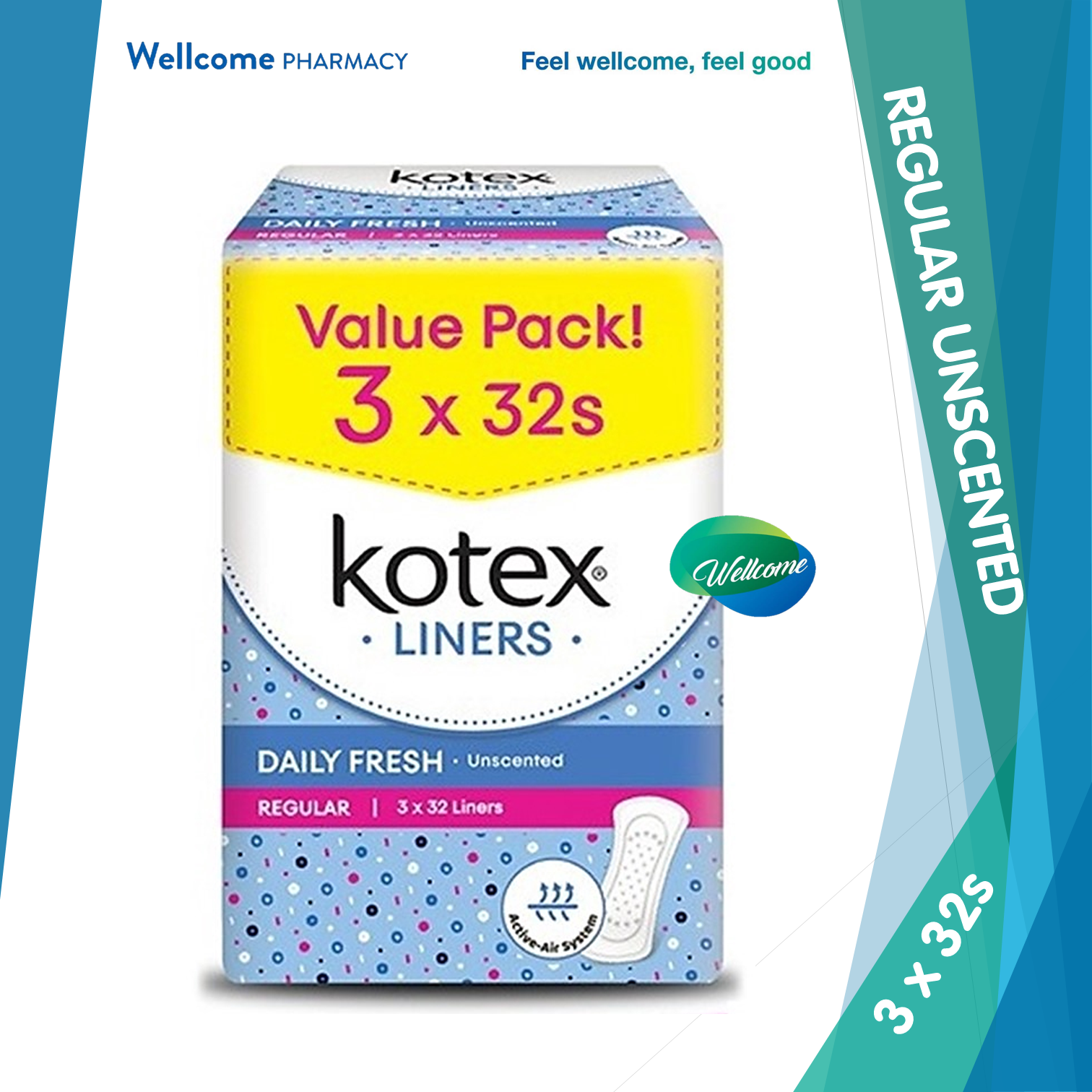 Kotex Fresh Pantyliners Reg Unscented - 3 x 32s.png