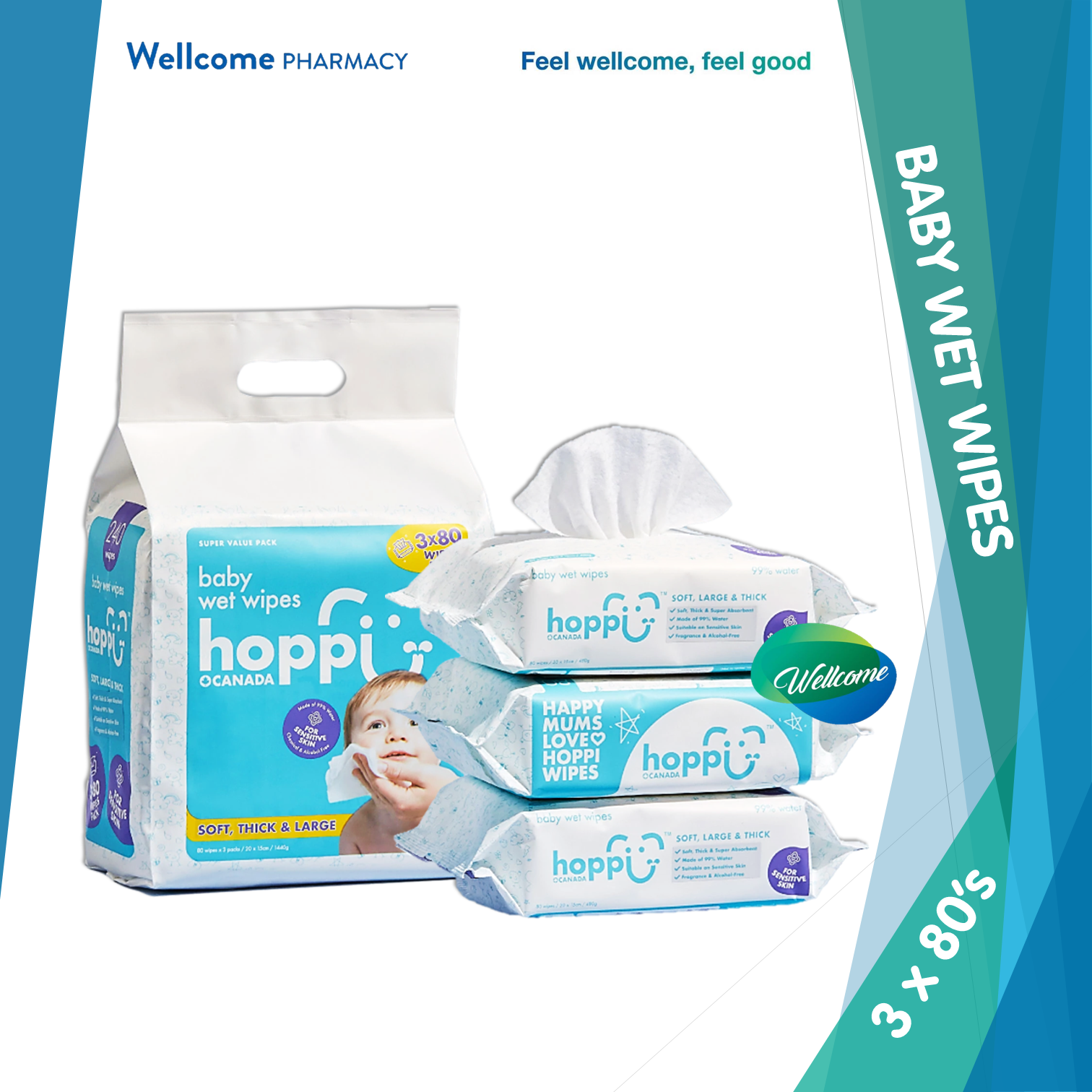 Hoppi Baby Wet Wipes - 3 x 80s