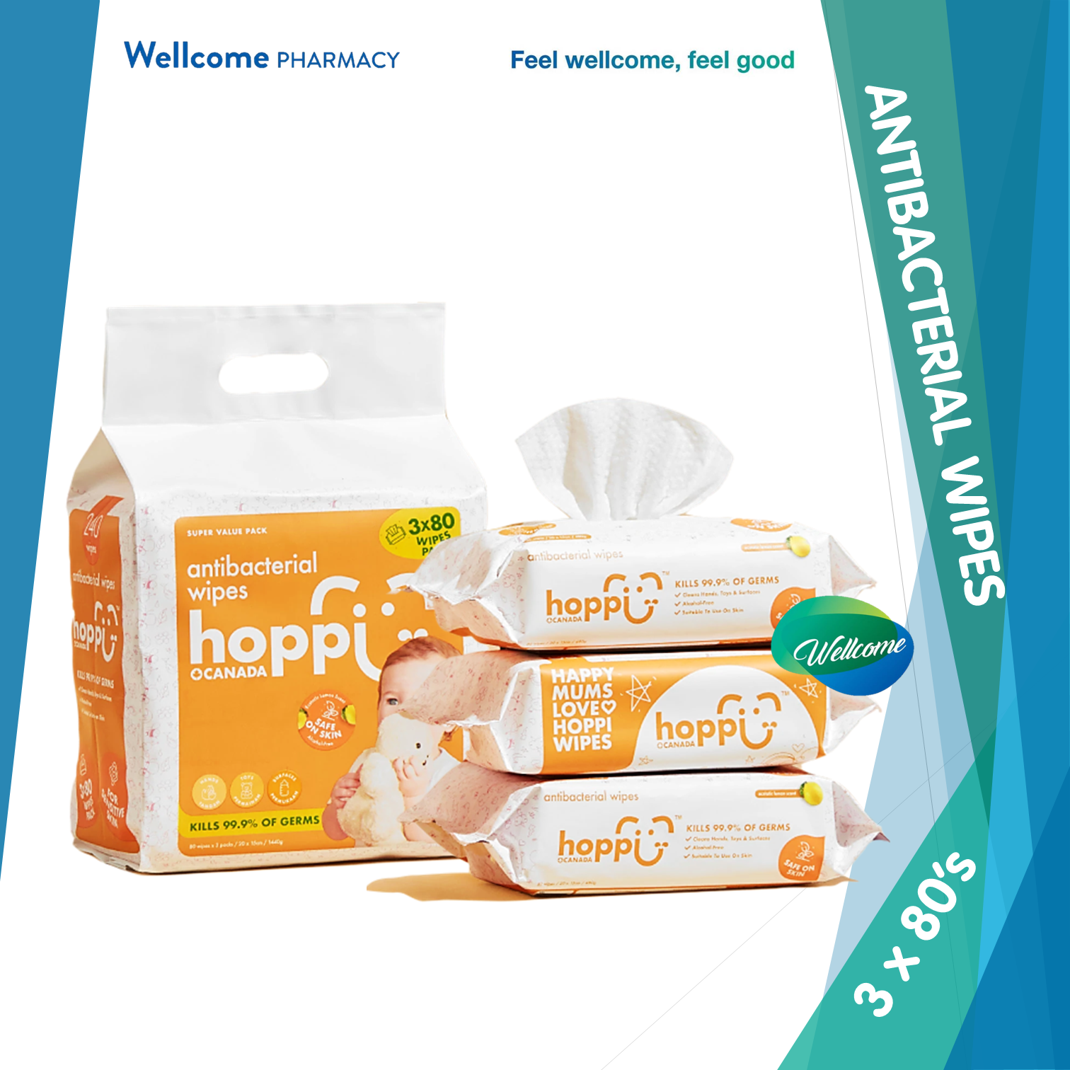 Hoppi Baby Antibacterial Wipes - 3 x 80s