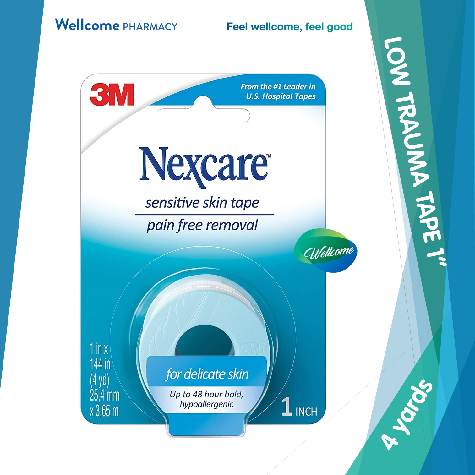  Nexcare Sensitive Skin Tape, Pain-free removal with minimal  hair-pulling, 1 in x 4 yd, 6 pack : Health & Household