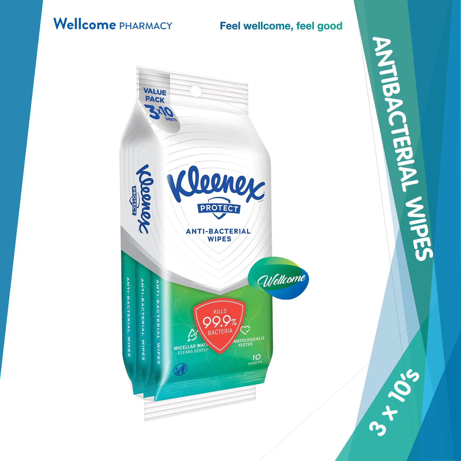 Kleenex Protect Antibacterial Wipes - 3 x 10s