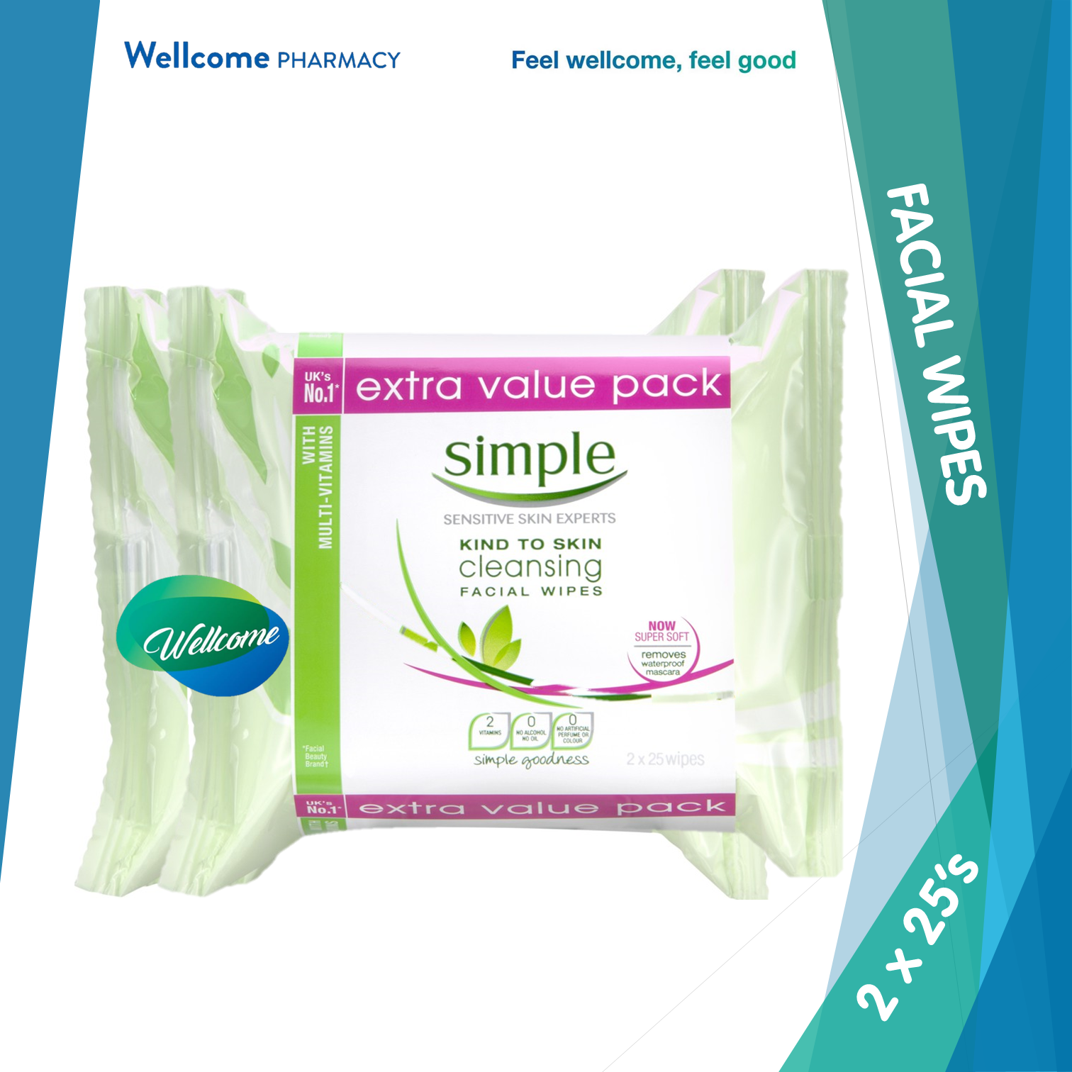 Simple Cleansing Facial Wipes Twin Pack - 2 x 25s