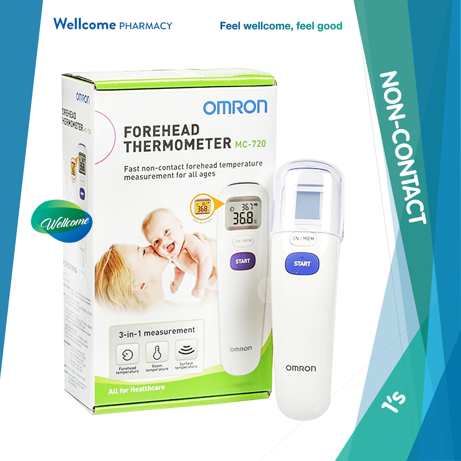 Omron 3-in-1 Non-Contact Forehead, Room, and Surface Thermometer MC-720 –  Wellcome Pharmacy