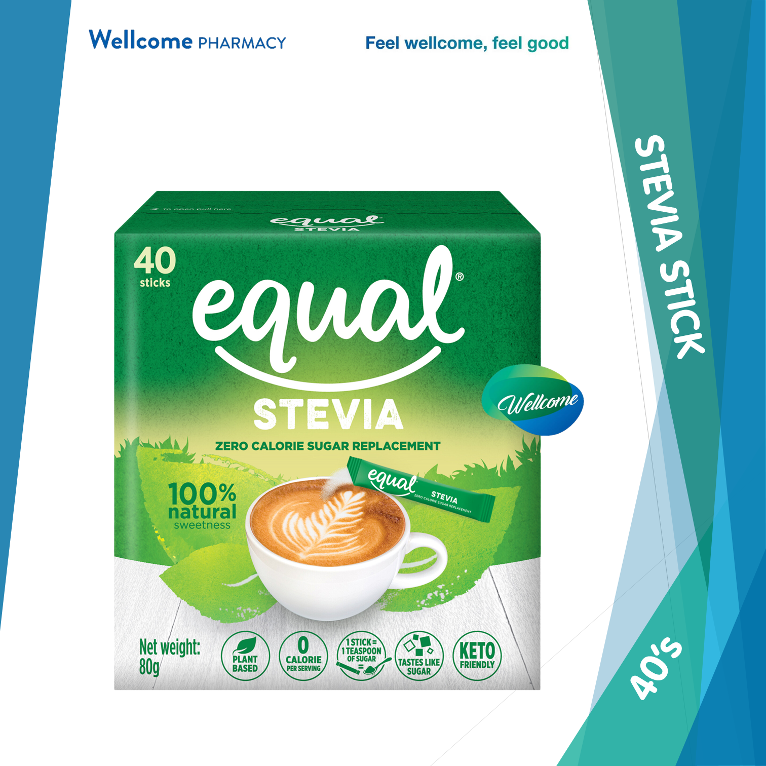 Equal Stevia 0 Calorie Sugar Replacement Sweetener Sticks - 40's – Wellcome  Pharmacy