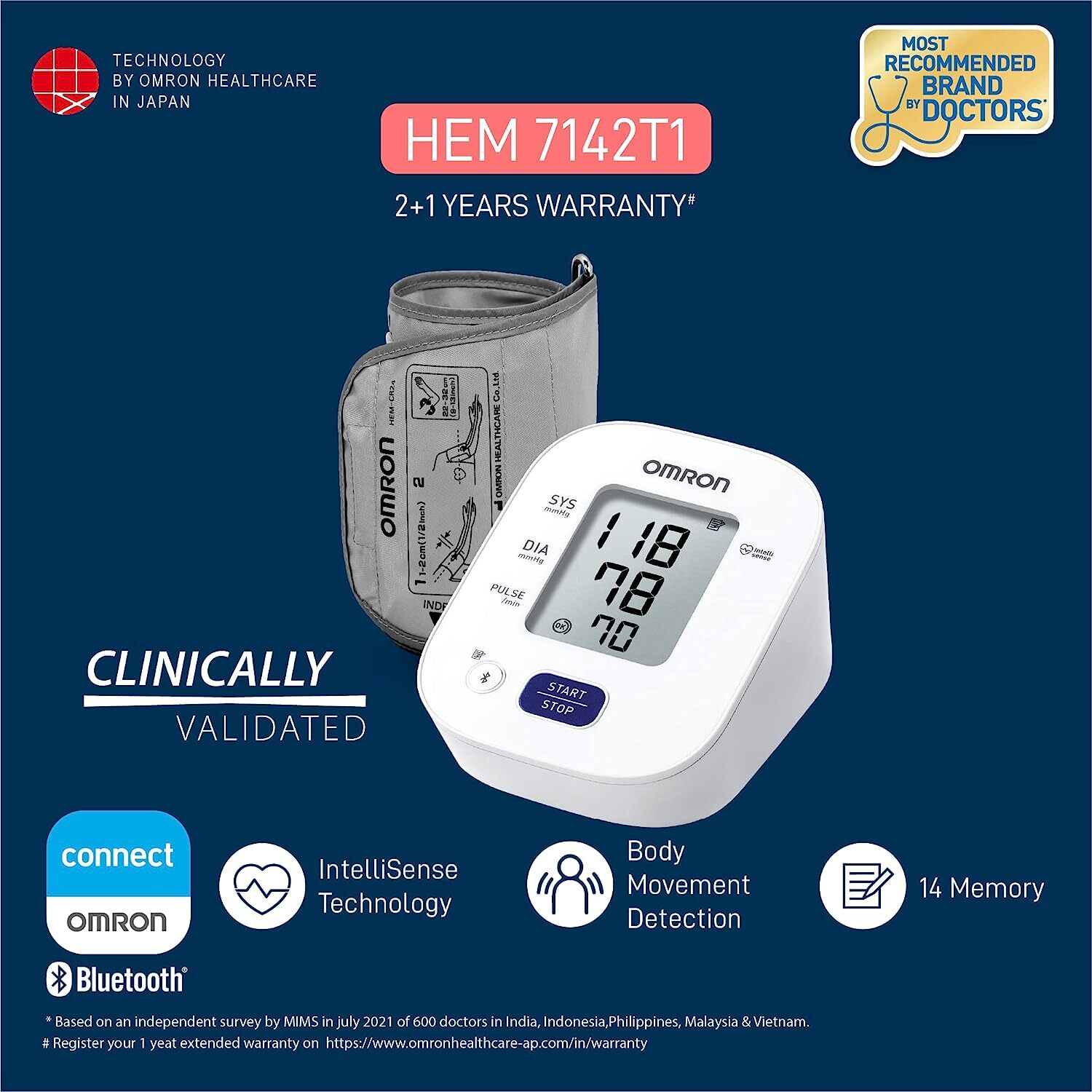 Omron HEM-7121J Standard Upper-Arm Blood Pressure Monitor 3 Years Warranty