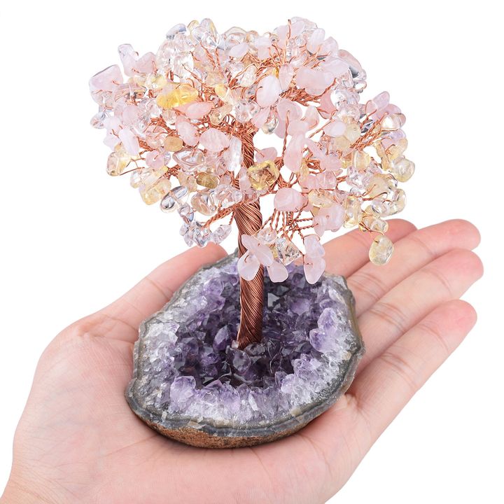 水晶樹 白＋黃＋粉 水晶洞原礦底座 招桃花 廣人脈與旺財運