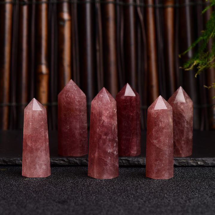 草莓晶水晶柱 草莓晶六棱柱 能量水晶柱  原石打磨