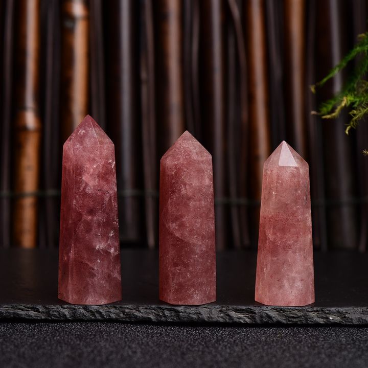草莓晶水晶柱 草莓晶六棱柱 能量水晶柱 原石打磨