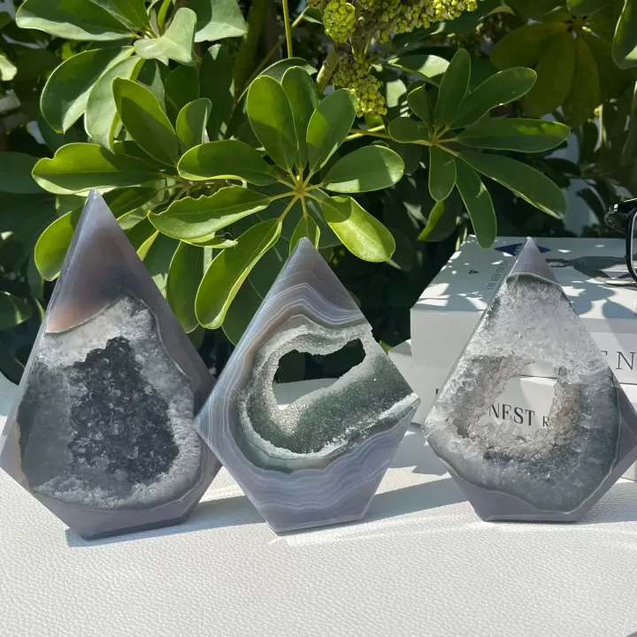 天然水晶柱 灰纏絲瑪瑙菱形水晶柱