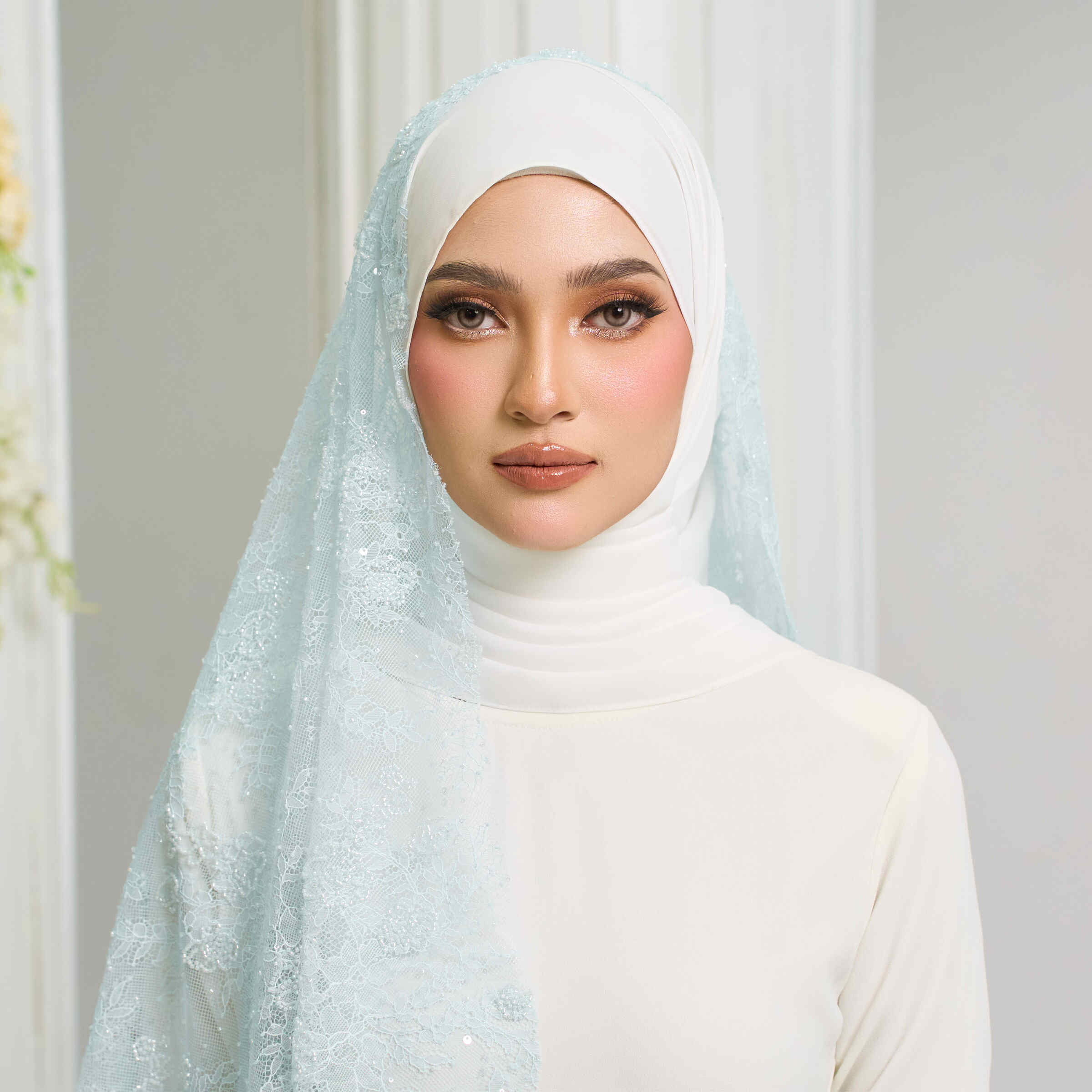 Beaded French Lace Veil in Baby Blue
