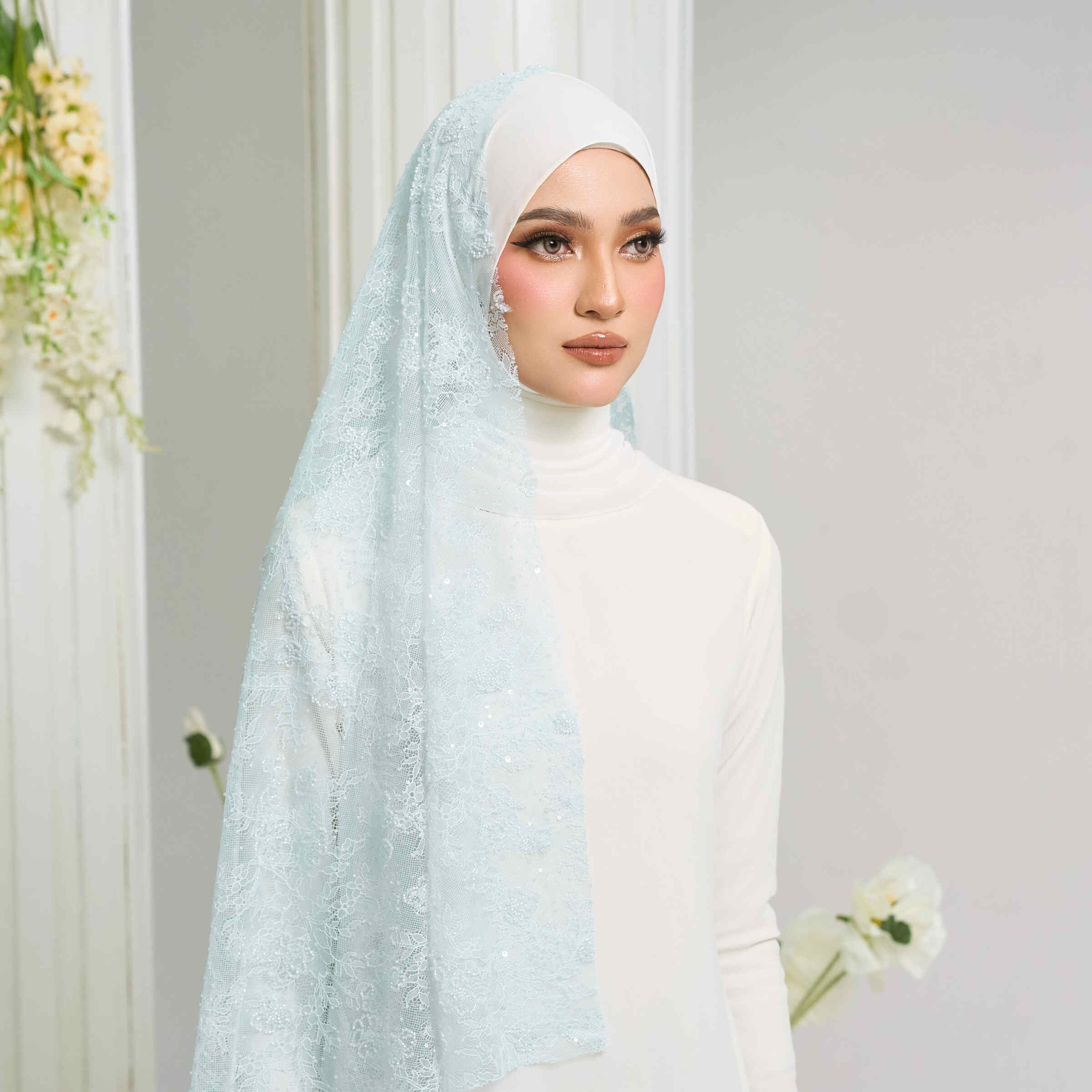 Beaded French Lace Veil in Baby Blue