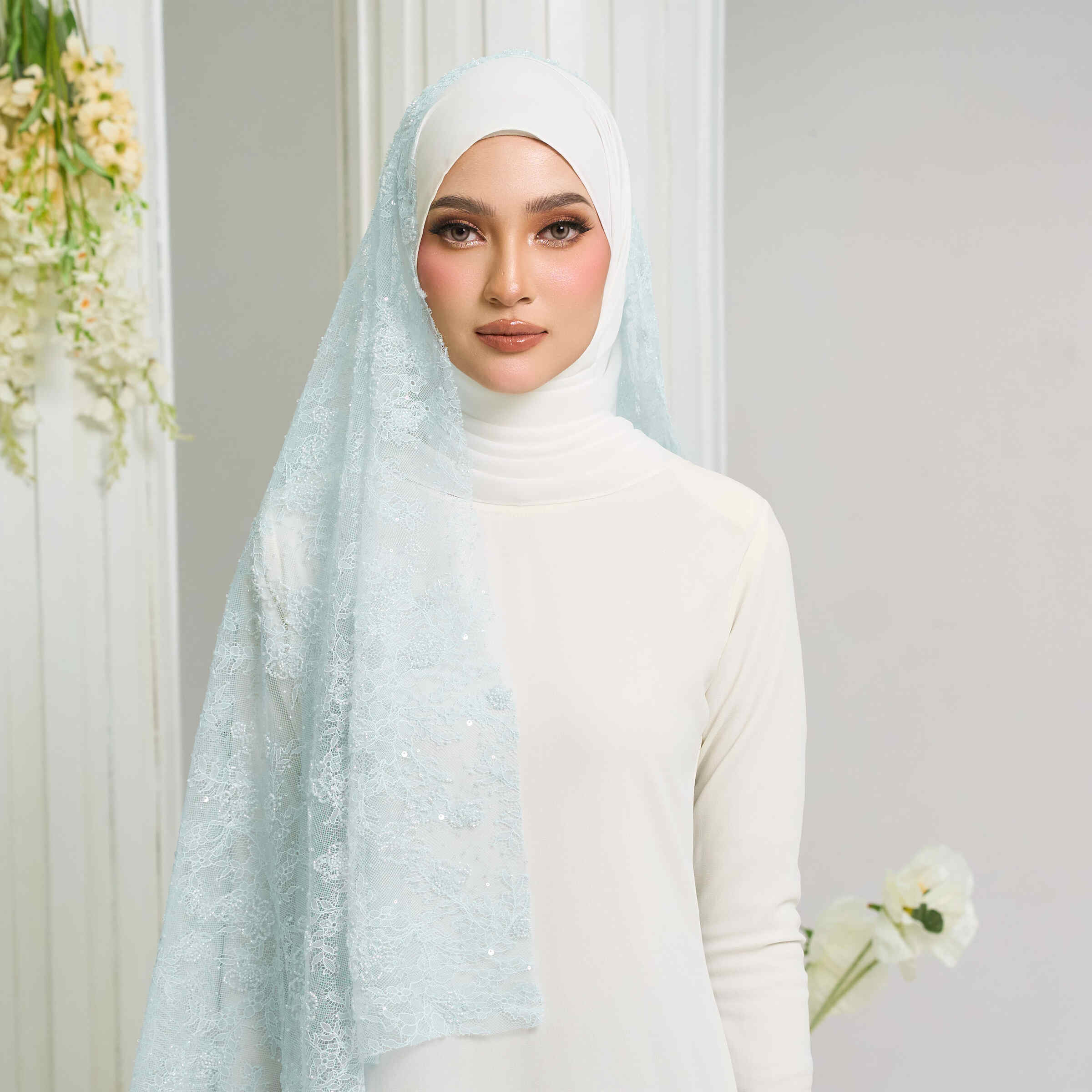 Beaded French Lace Veil in Baby Blue