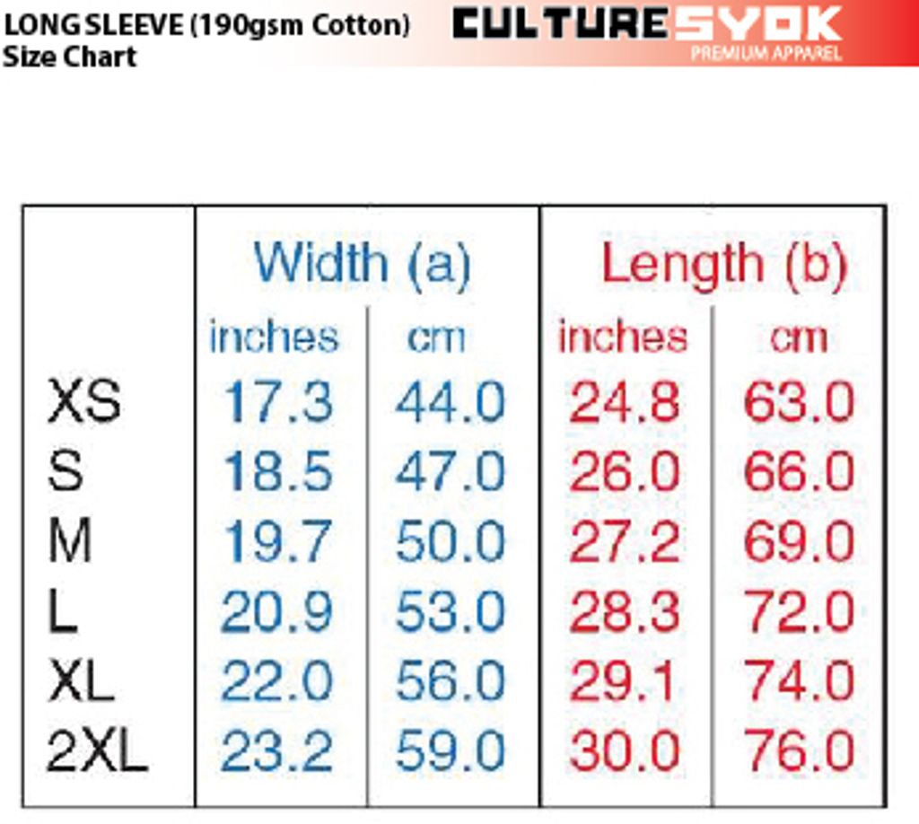 CS Long Sleeve Shirt Size CHART