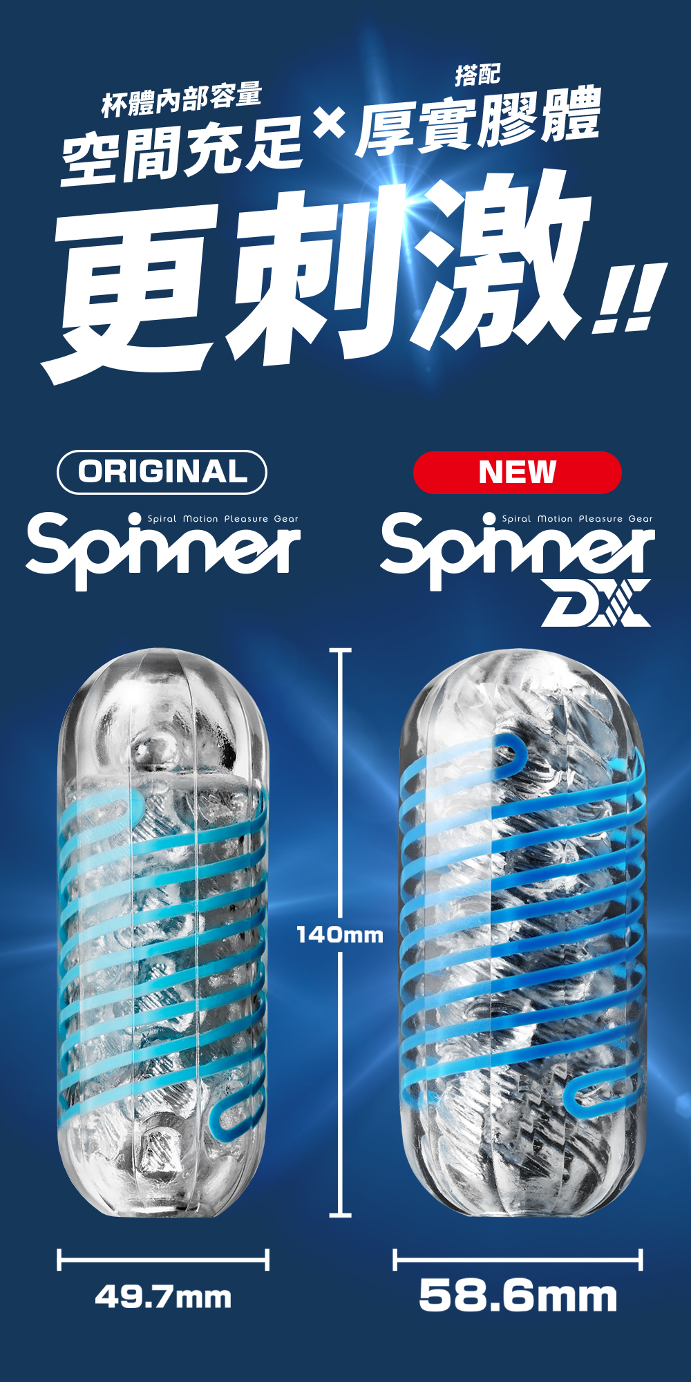 TENGA SPINNER DX 相較原版尺寸加大，提供更寬敞的空間與厚實矽膠材質，刺激感全面升級