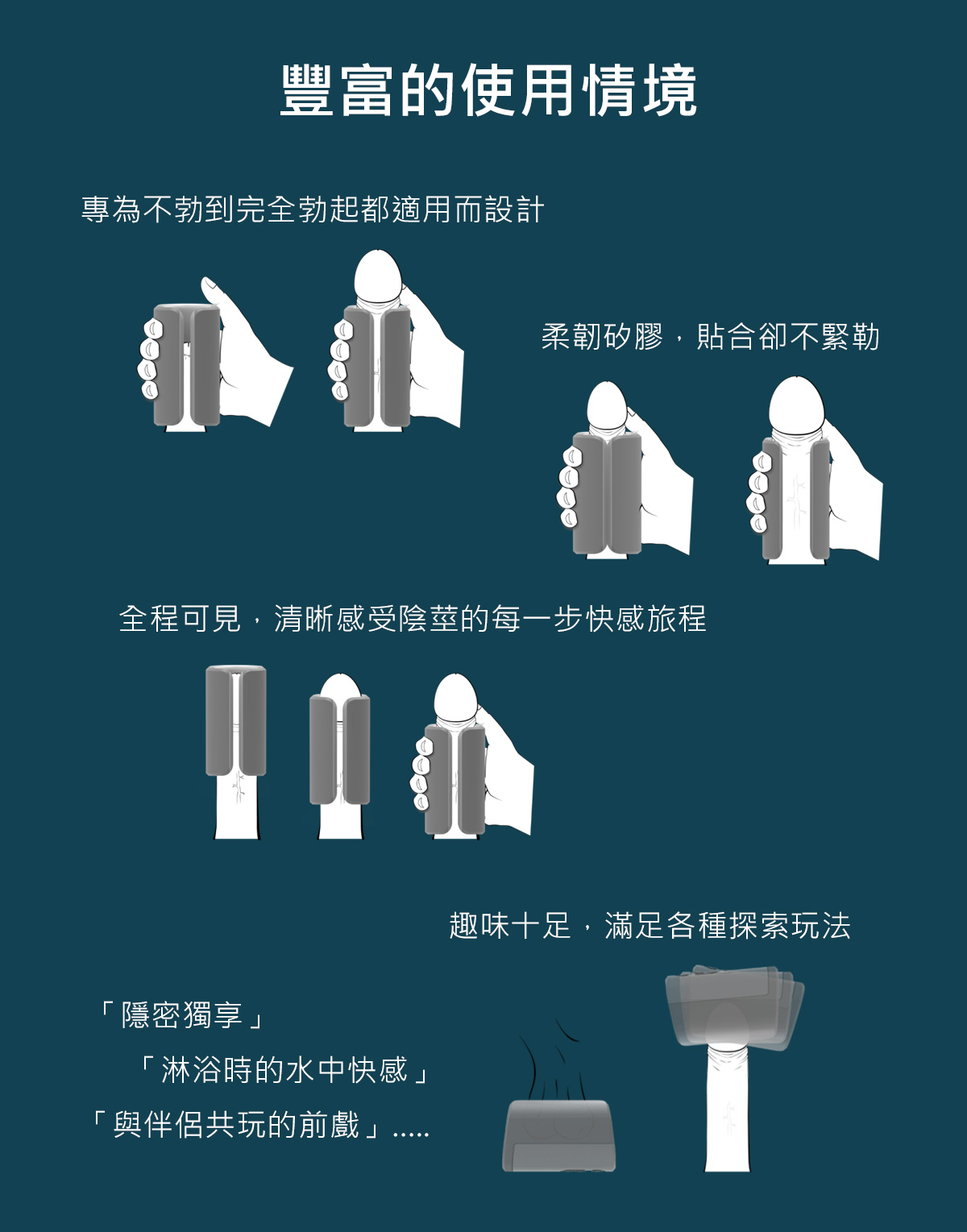 Zing材質展示，採用親膚級矽膠，安全無異味