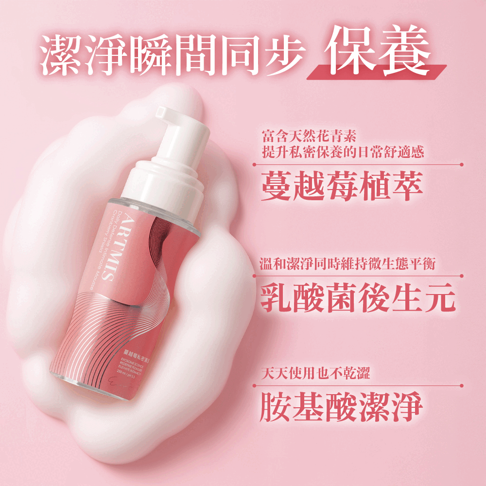 蔓越莓私密清潔慕斯使用示意｜極速起泡、綿密泡泡、無皂鹼溫和清潔