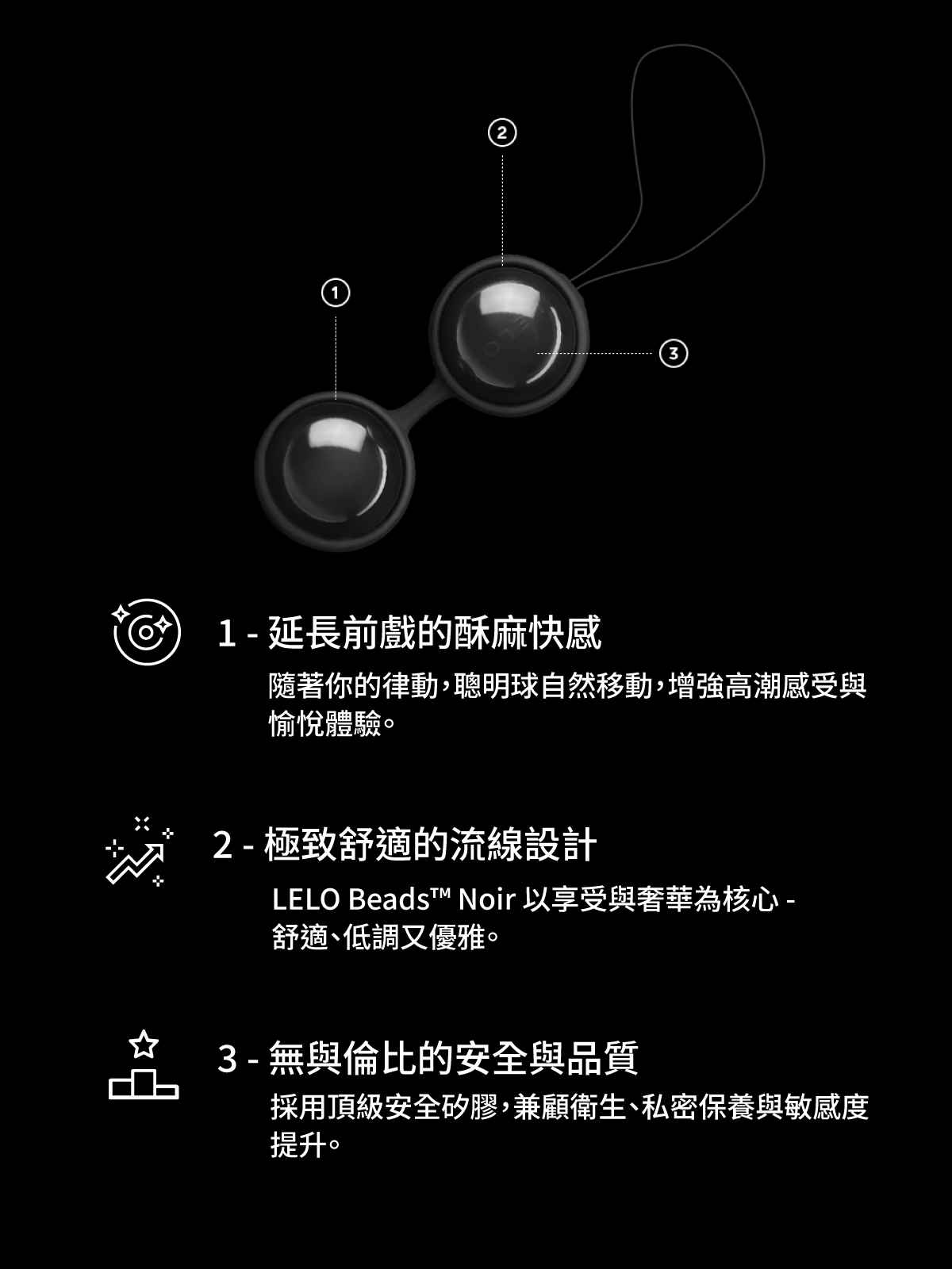 LELO Beads Noir 黑珍珠聰明球三大特色解析，包含延長前戲酥麻快感、極致舒適流線設計與頂級安全矽膠材質