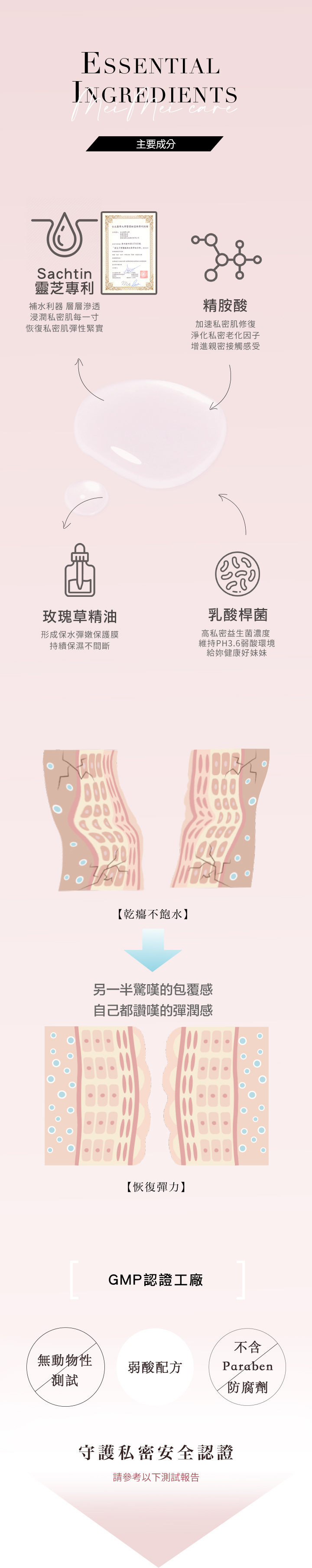 G18緊蒂私密安瓶全成分解析，富含Sachtin靈芝專利、精胺酸與乳酸桿菌，能恢復私密肌彈力與水潤的無防腐劑溫和配方