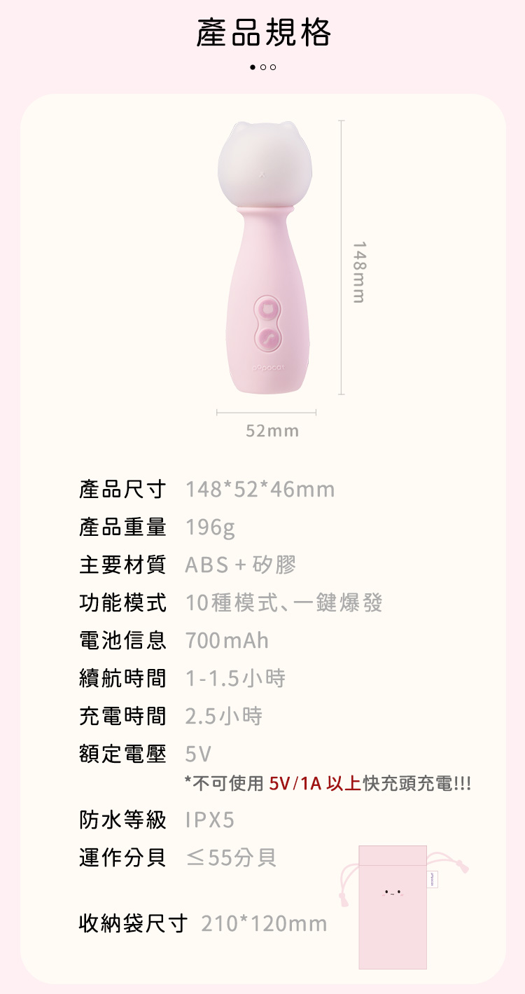 產品詳細規格表：重量196g，700mAh大電量，IPX5防水，注意不可使用5V/1A以上之快充頭