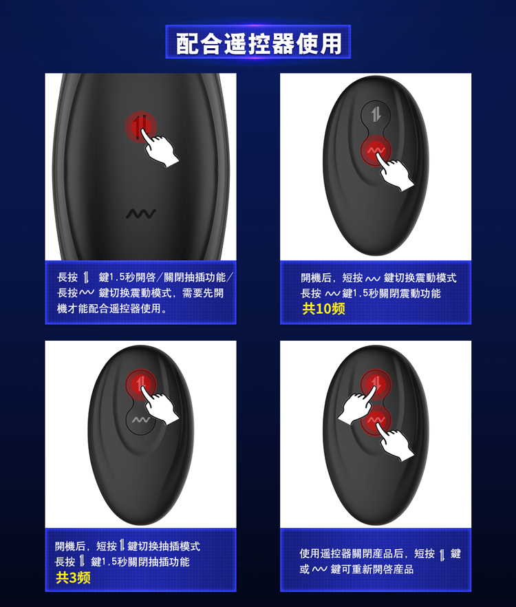 EROCOME 伊珞后發座伸縮遙控前列腺按摩器 - 單獨使用按摩器本體的操作方法教學。圖解說明在不使用遙控器的情況下，如何直接透過機身按鍵長按開關機，以及短按切換 3 頻抽插模式與 10 頻震動功能。