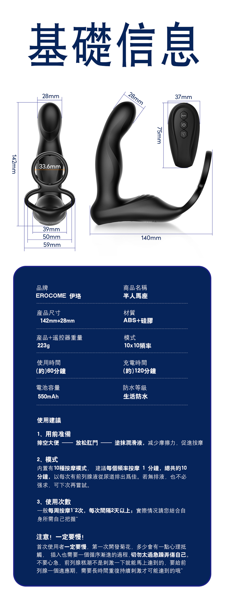 EROCOME 伊珞 X半人馬座前列腺按摩器 - 鎖精環正確配戴教學。圖示說明如何將雙環套在陰莖與陰囊根部，以降低敏感度防早洩，並將注意力集中於前列腺按摩。