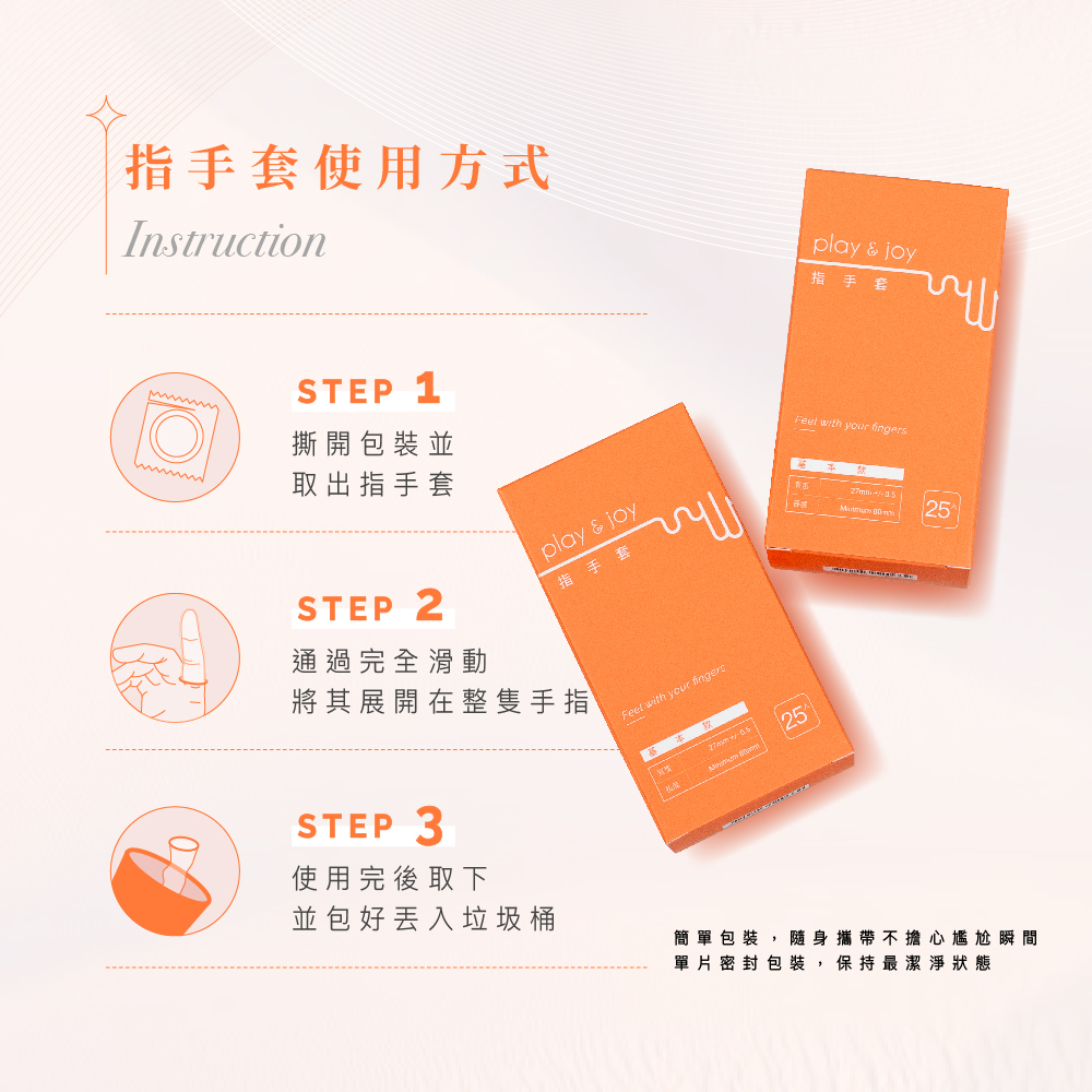 Play & Joy 衛生指手套三步驟使用教學：撕開單片密封包裝、將指套完全展開於手指、使用後取下丟棄。