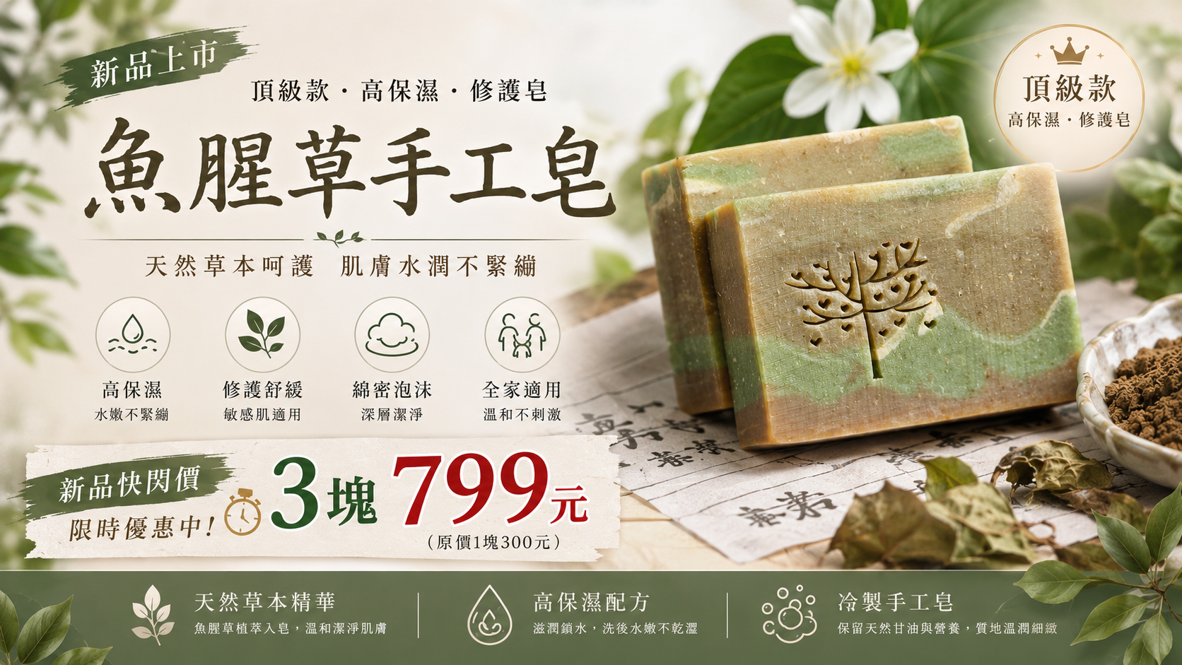🎁新品快閃優惠 3塊799元 ✨ 魚腥草高保濕手工皂