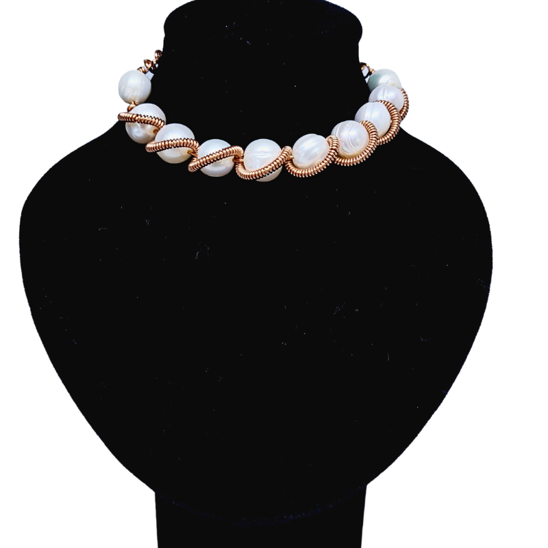 Artisan Copper Bangle with Raw Freshwater Pearls - Twisted Wire Art