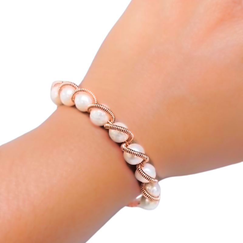 Artisan Copper Bangle with Raw Freshwater Pearls - Twisted Wire Art