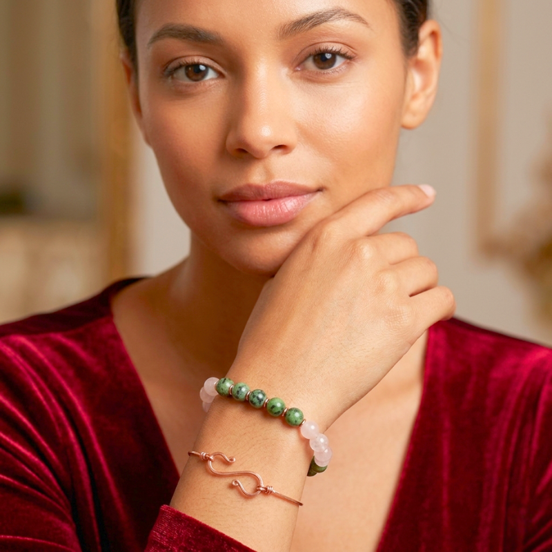 Natural Green Jade & Rose Quartz Beaded Bracelet for Love & Abundance