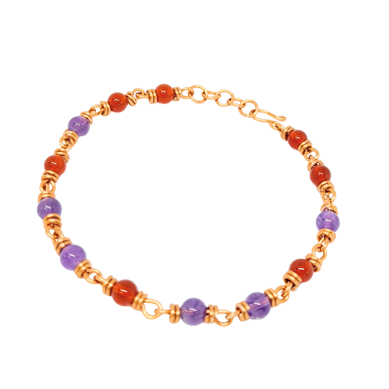 Amethyst and Carnelian Copper Bracelet - Natural Healing Crystal Jewelry