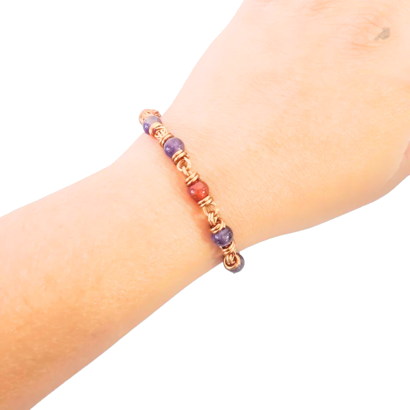 Amethyst and Carnelian Copper Bracelet - Natural Healing Crystal Jewelry