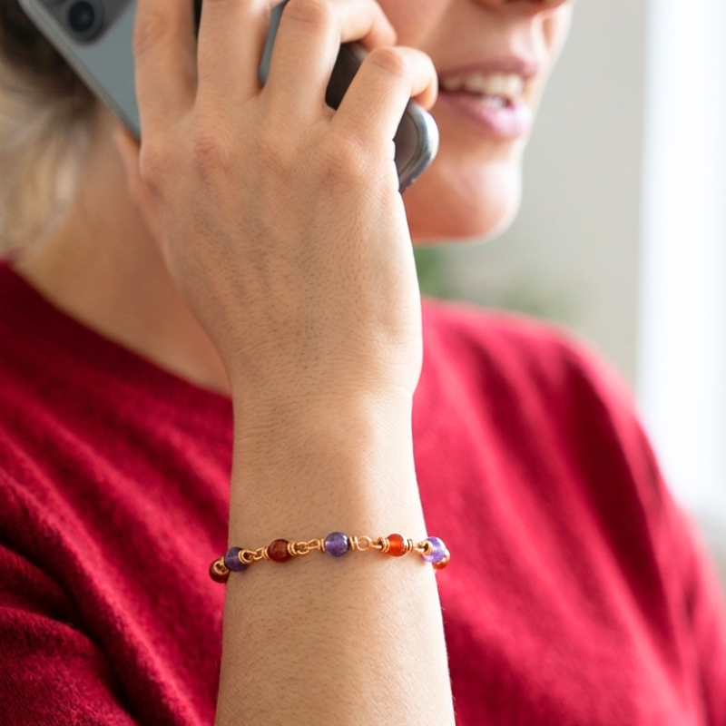 Amethyst and Carnelian Copper Bracelet - Natural Healing Crystal Jewelry