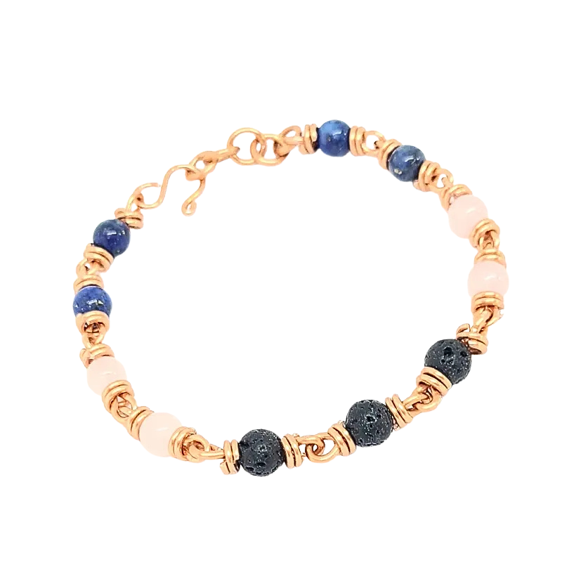 Handmade Copper Bracelet with Rose Quartz, Lapis Lazuli & Lava Rock - Aromatherapy Essential Oil Diffuser