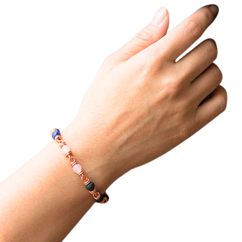 Handmade Copper Bracelet with Rose Quartz, Lapis Lazuli & Lava Rock - Aromatherapy Essential Oil Diffuser
