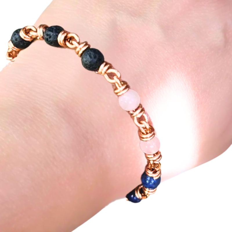 Handmade Copper Bracelet with Rose Quartz, Lapis Lazuli & Lava Rock - Aromatherapy Essential Oil Diffuser