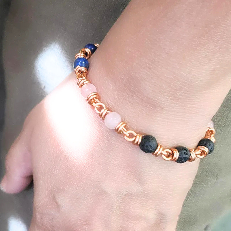Handmade Copper Bracelet with Rose Quartz, Lapis Lazuli & Lava Rock - Aromatherapy Essential Oil Diffuser
