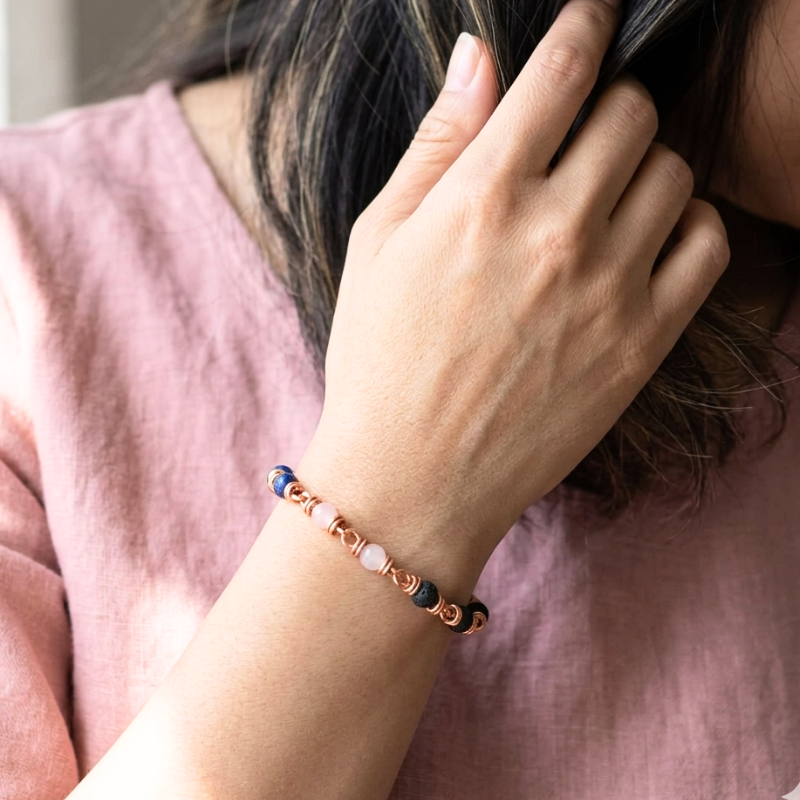 Handmade Copper Bracelet with Rose Quartz, Lapis Lazuli & Lava Rock - Aromatherapy Essential Oil Diffuser