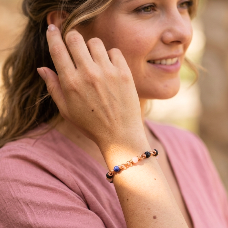 Handmade Copper Bracelet with Rose Quartz, Lapis Lazuli & Lava Rock - Aromatherapy Essential Oil Diffuser