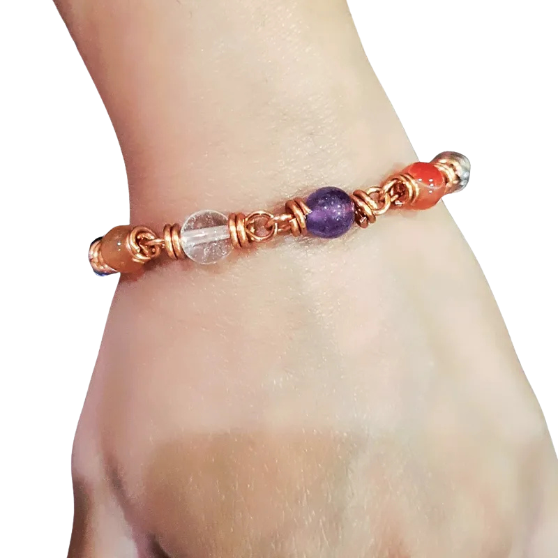 Wellness Crystal Copper Bracelet: Amethyst, Carnelian & Clear Quartz
